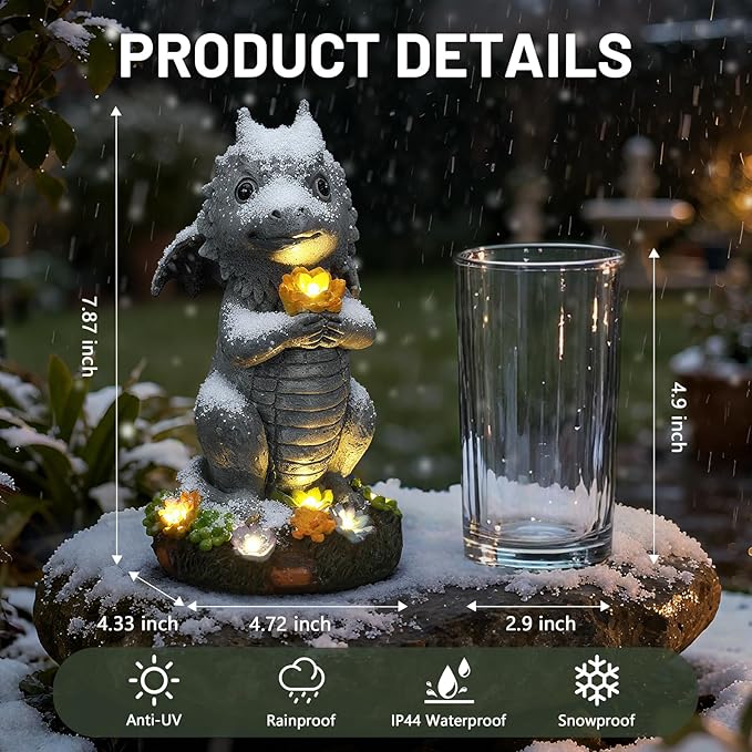 Solar Garden Outdoor Statues Dragon Holding Flower with LED Lights, Lawn Decor Outside Statue for Patio, Balcony, Yard Ornament, Housewarming Gift for Wife Mom Grandma