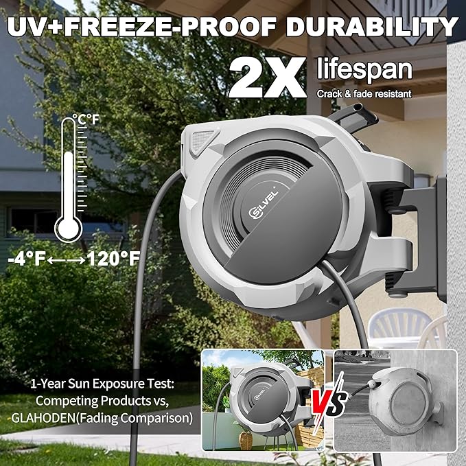 SILVEL Retractable Garden Hose Reel – 1/2 in x 150FT Heavy Duty Automatic Hose Reel Wall Mounted, Upgraded UV Resistant with 10 Pattern Nozzle, Any Length Lock & Slow Return System, 180°Swivel Bracket