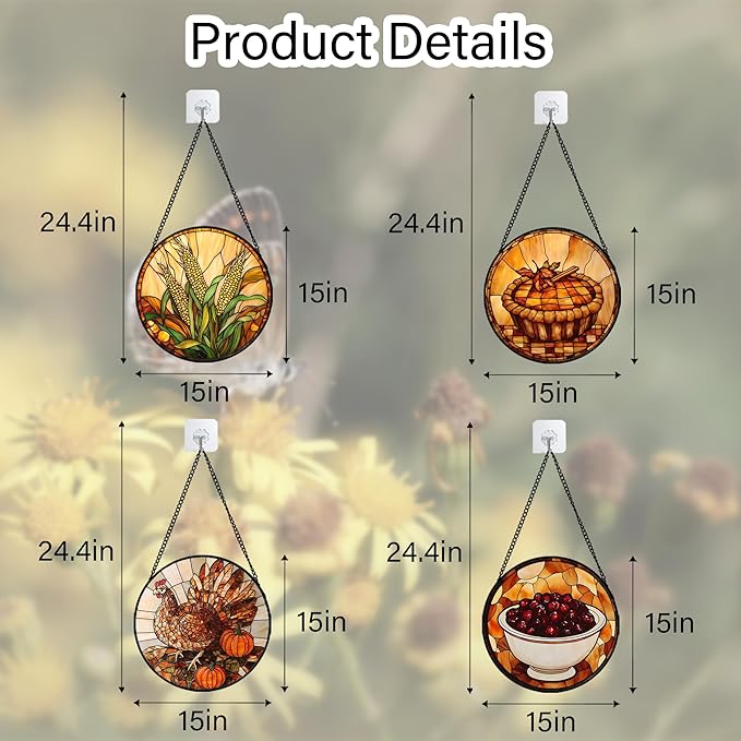 Stained Glass Window Hanging 4 Pcs Set Brown Turkey Berry Corn Large 15" - Suncatcher Door Garden Sun Catcher Decor Birthday Thanksgiving Mother's Day for Mom Woman Nana Men