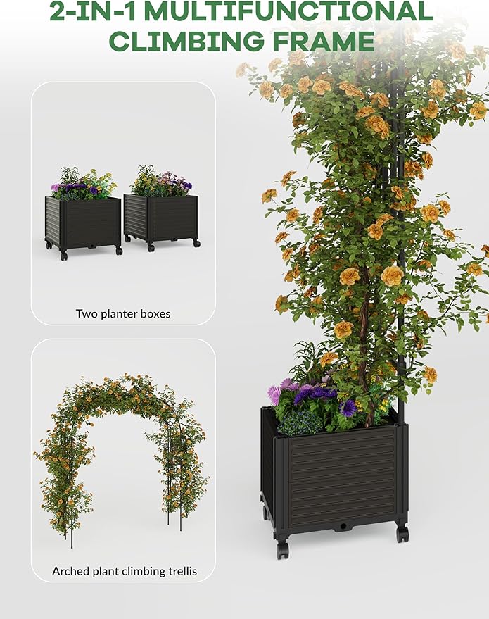 94.5 Inch Garden Arch Trellis with 2 Planter Boxes for Climbing Plants, PE Coated Metal Wedding Arch Arbor with Planter Box for Outdoor Decor, Party Backdrop & Flower Support