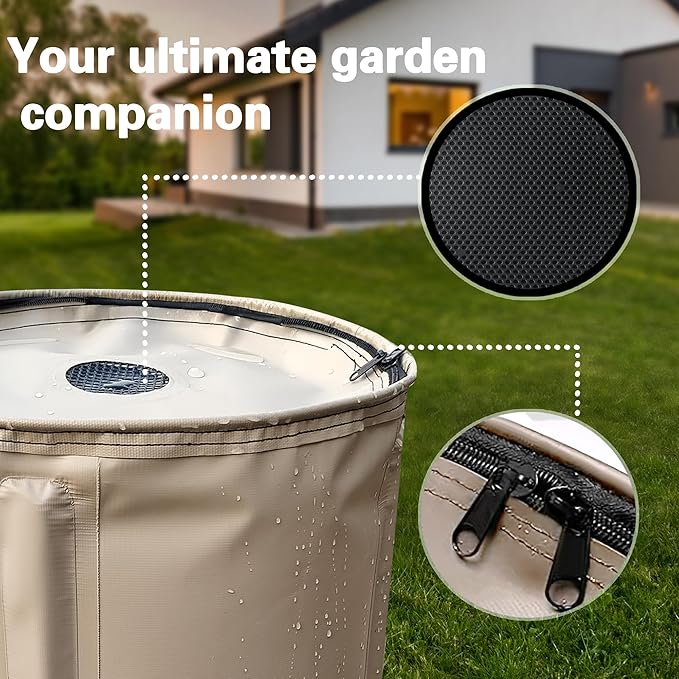 250L/66 Gallons Suaito Outdoor Collapsible Rain Barrel with Mesh Cover, Beige,Water Storage Tank rainwater Collection System Weather-Resistant Garden Portable Water Tank with Spigots & Overflow Kit