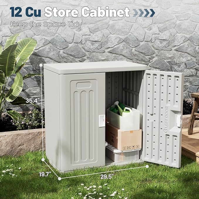 Amopatio Outdoor Storage Cabinet with Lockable Doors, Resin Cabinet Waterproof Freestanding Outdoor Patio Storage Shed for Garden Tools, 19.7" D x 29.5" W x35.4 H, Gray
