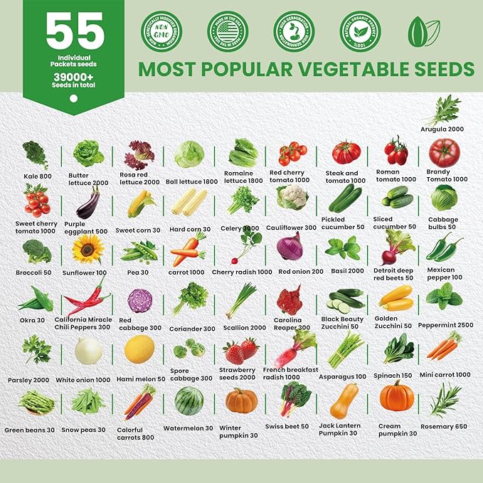 55 Vegetable Seeds Variety Pack - 39,000+ Heirloom Seeds for Planting Vegetables and Fruits, Non-GMO Garden Seeds for Hydroponic & Outdoor Planting Includ Gardening Supplies, Gift for Gardeners