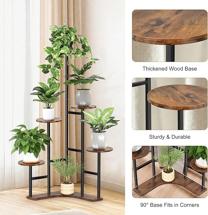 Corner Plant Stand Indoor, 6 Tier Corner Plant Shelf Flower Stand for Multiple Plants, Plant Shelves Organizer Rack for Living Room, Balcony, Patio, Garden (Round)