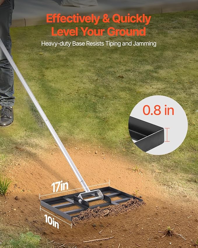 VEVOR Lawn Leveling Rake, Lawn Leveler with 78 in Handle, 17x10 in Ground Plate, Rust-Resistant Carbon Steel Soil Leveler, 5 Heights Adjustable, Effort Saving Lawn Leveling Tool for Yard Golf Court