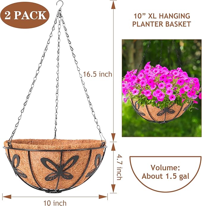 Hanging Baskets Planter for Plants, 2 Pack 10 Inch Round Metal Wire Hanging Flower Pots with Coco Coir Liner Chain, Plant Holder for Home Garden Balcony Decor (10in, Round)