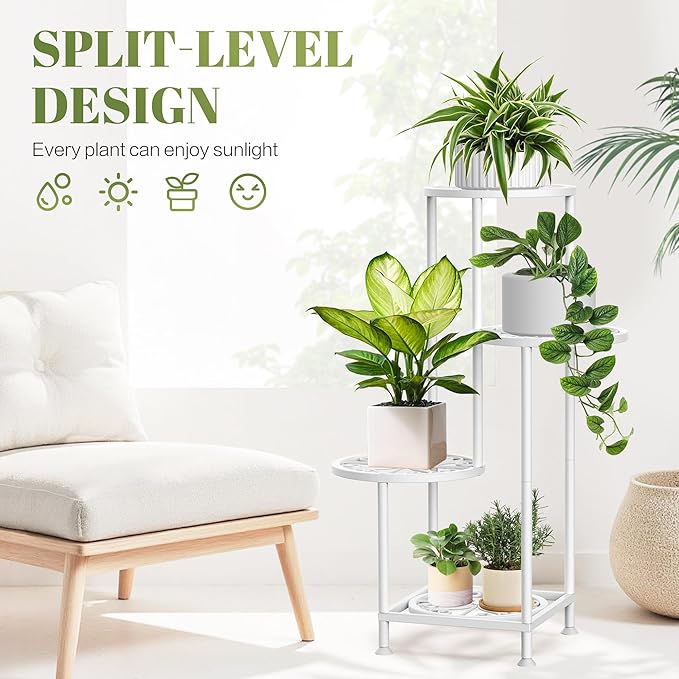 4 Tier Plant Stand Indoor Outdoor, Metal Flower Shelf Display Holder, Multiple Plants Corner Tall Flower Holders for Patio Balcony Porch Garden Living Room (White)