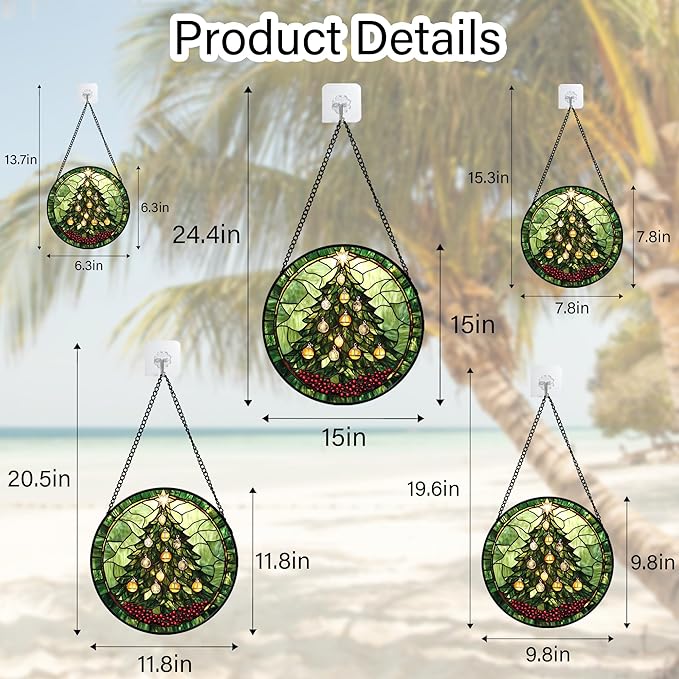 Stained Glass Window Hanging - Green Christmas Tree Golden Bells Suncatcher for Doors Home Christmas Decoration Sun Catcher Thanksgiving New Year Birthday Gift for Women Men Mom Nana 6.3 in