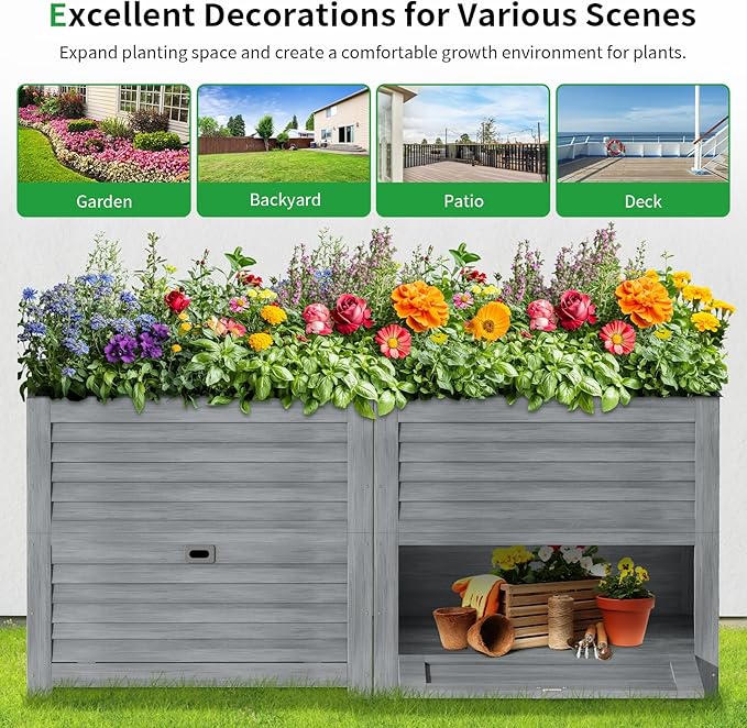 SUNYRISY 2Pack Wooden Raised Garden Bed with Storage Box, 34" L x 18" W x 30" H Elevated Large Garden Planter Box for Planting Herb Vegetable Flower Outdoor Indoor, Grey