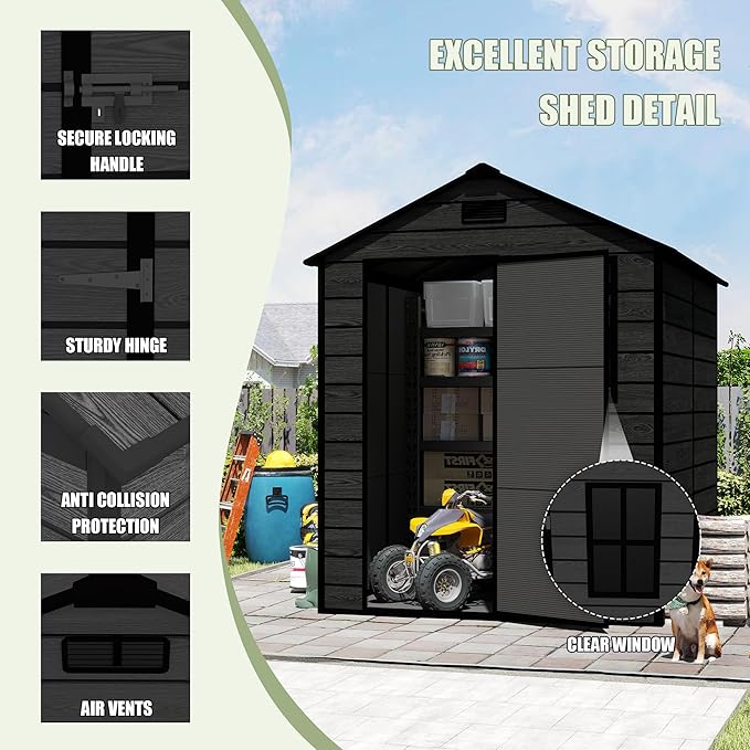 Outdoor Storage Resin Shed with Floor, Waterproof Plastic Garden Bike Shed with Lockable Door, Sloped Roof, Vents & Windows, Tool Shed for Patio, Backyard, Lawn (Wood Grain Black, 5.5X5.5FT)