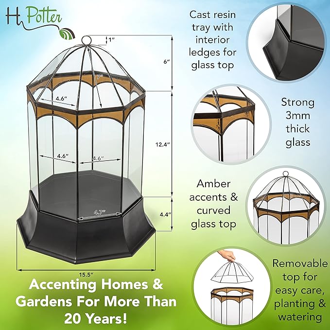 H Potter Eight Sided Terrarium Wardian Case with Curved Glass and Brown Accents Large