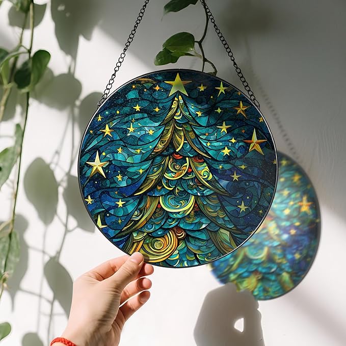 8-Inch Christmas Tree Suncatcher Ornament, Stained Glass Window Hanging & Stained Glass Holiday Ornament, Sun Catcher Window Decor — Keepsake Gift for Family, Coworkers & Friends, Gifts for Christmas