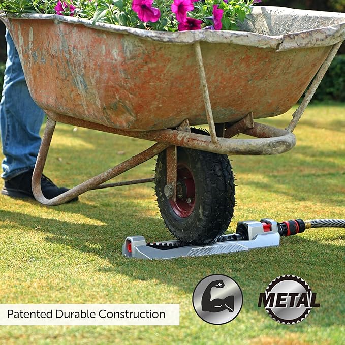 Eden 94110 Heavy Duty Metal Oscillating Sprinkler, Covers Up to 3,315 sq. ft., 18 Precision Nozzles, Adjustable Range, Quick Connect Bundle, Silver, Red, Black