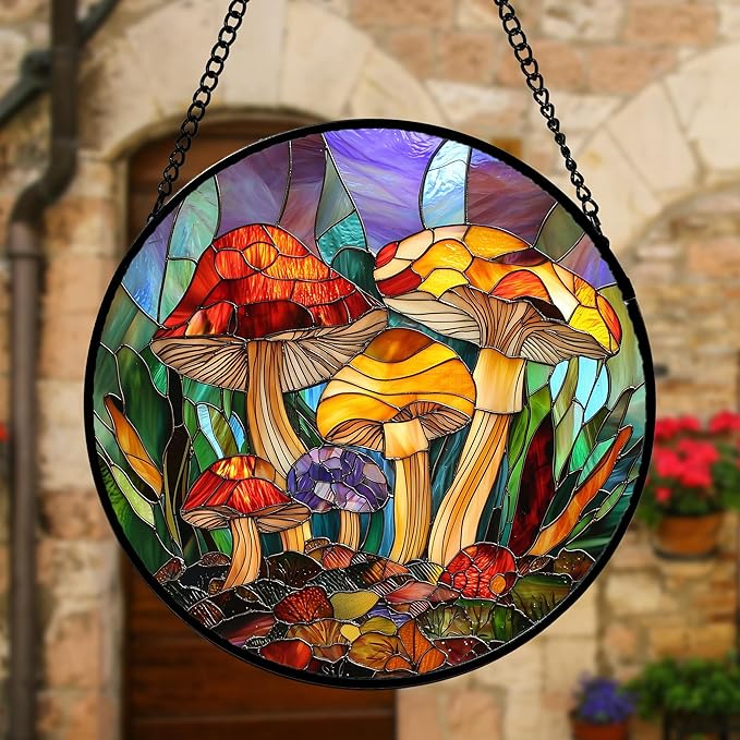 Stained Glass Window Hanging, Jungle Mushrooms Sun Catchers Diamond Glass Panel Hangings Plant Suncatcher Decor for Birthday for Women,Men, Wife, Aunt,and Mom 6.3X6.3 in