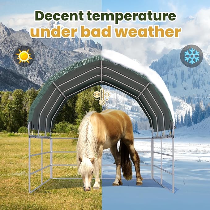 YOLENY 10'x10' Green Corral Shelter, Heavy Duty Round Style Canopy, Waterproof and UV Treated Universal Cover, Easy Assembly Stable and Agricultural Storage and Shade Shed Kit for Livestock