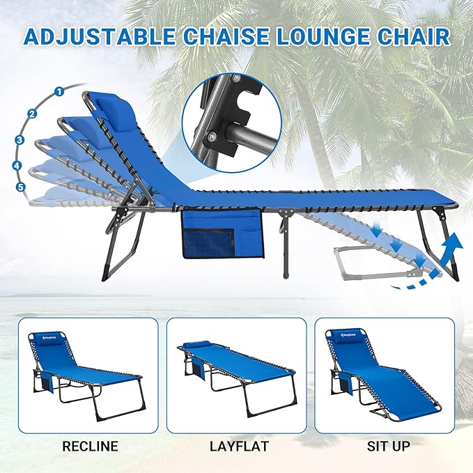 KingCamp 2 Pack Lounge Chair Outdoor, Folding Tanning Chairs Comfy Adjustable 5-Position Lay Flat Foldable Chaise Chaser Lounger with Pillow for Outside Beach Patio Sun Bathing Pool, Blue