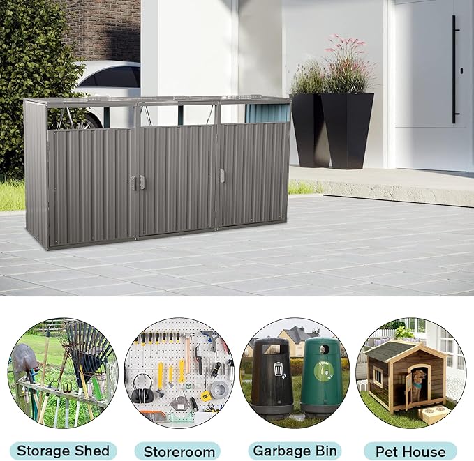 Garbage Bin Storage Shed for 3 Trash Cans Outdoor Metal Enclosure Charcoal Galvanized Steel Garbage Can Holder Concealer Hide Utility Bin Shelter Garden Yard Lawn