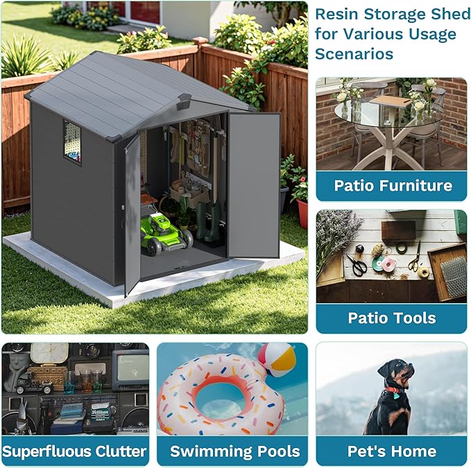 Devoko 6x6 FT Plastic Outdoor Storage Shed - Lockable Resin Tool Shed with Window & Floor - Easy Assembly for Garden, Backyard, Dark Gray
