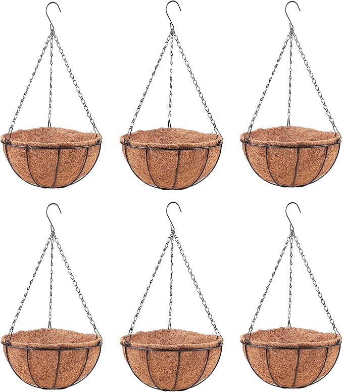LaLaGreen Hanging Baskets for Plants (6 Pack, 10 Inch) Hanging Planter Outdoor with Coco Liner, Metal Wire Flower Basket Pots Holder Hanger Hook Deck Patio Porch Garden Balcony Outside Decoration
