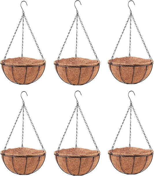 LaLaGreen Hanging Baskets for Plants (6 Pack, 10 Inch) Hanging Planter Outdoor with Coco Liner, Metal Wire Flower Basket Pots Holder Hanger Hook Deck Patio Porch Garden Balcony Outside Decoration