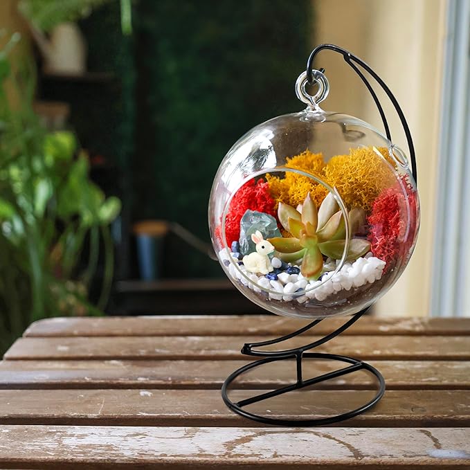 5" DIY Globe Terrarium Kit - Hanging Glass Planter with Stand for Adults & Kids - Build Your Own Mini Ecosystem with Moss, Crystals, Tools & Figurine - Handcrafted in USA