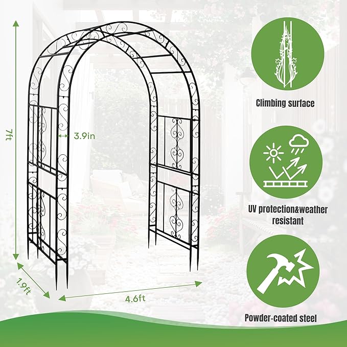 7FT Black Garden Arbor Trellis, Outdoor Metal Garden Arch for Climbing Plants Flowers Vines, Metal Lightweight Wedding Decoration Frame Archway for Lawn Bridal Party Ceremony Holiday Event