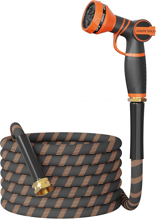 Giraffe Tools Non-Expandable Garden Hose 25FT 1/2” Lightweight Flexible Water Hoses Burst 600 psi with 9 Spray Function Nozzle Heavy Duty Hose