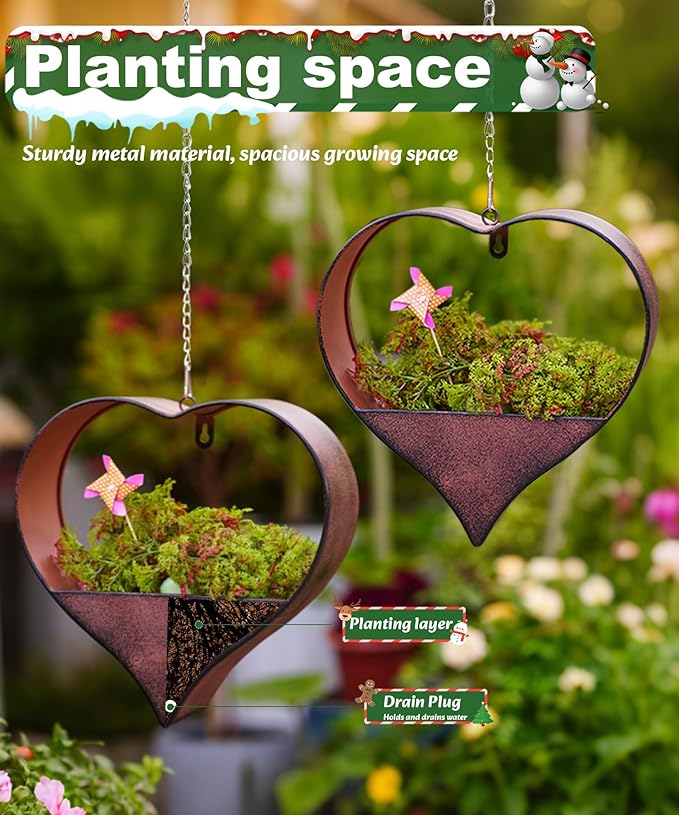 Metal Plant Hangers Indoor and Outdoor: Christmas Birthday Gifts for Women Mom Wife Garden Lovers - Heart Shape Hanging Planters Perfect for Window Wall Living Room Office Decor(2 Pack)