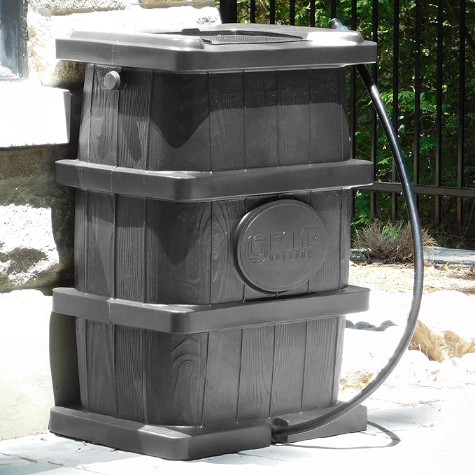 FCMP Outdoor Slim Line Design 45-Gallon Wood Grain Outdoor Home Rain Water Catcher Barrel Flat Back Container with Spigots and Mesh Screen, Grey