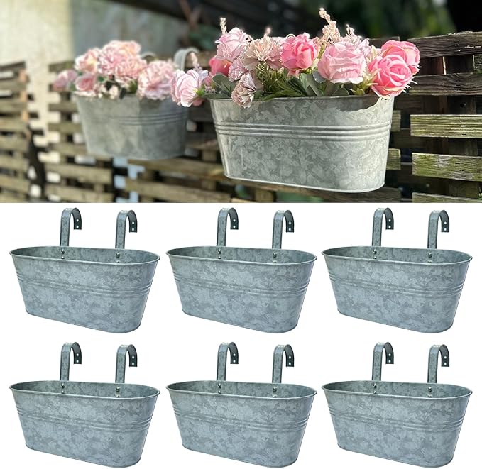 LaLaGreen Outdoor Rail Planter (11.2 Inch, 6 Pack) Silver Metal Iron Hanging Flower Pots Deck Railings Fence Buckets Modern Countryside Boho Style Wall Mount Window Box Plant Holder Hooks Porch Decor