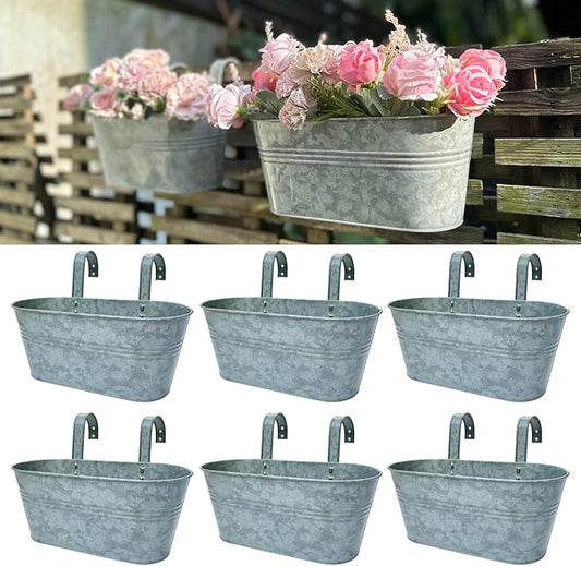 LaLaGreen Outdoor Rail Planter (11.2 Inch, 6 Pack) Silver Metal Iron Hanging Flower Pots Deck Railings Fence Buckets Modern Countryside Boho Style Wall Mount Window Box Plant Holder Hooks Porch Decor