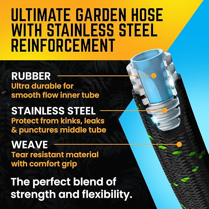 PowerFlow Garden Hose, NON-EXPANDABLE 100ft Premium Quality Stainless Steel Metal Water Hose with Durable Fabric Skin, Hose For Commercial, Residential Use, Bonus 10-way Spray Nozzle (100 Ft, Black)