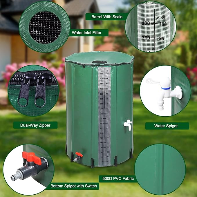 Collapsible Rain Barrel, 100 Gallon Portable Rainwater Collection System, Rain Water Barrel Collector with Volume Scale Mark, Two Spigots and Overflow Kit, Rain Catcher Barrel for Garden, Green