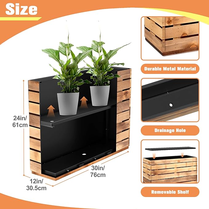 FENCY Metal Rectangular Planter Box, Large Planters for Outdoor Plants, Tall Planters for Outdoor Plants with Drainage Holes (30" L x 12" W x 24" H,Walnut Finish)