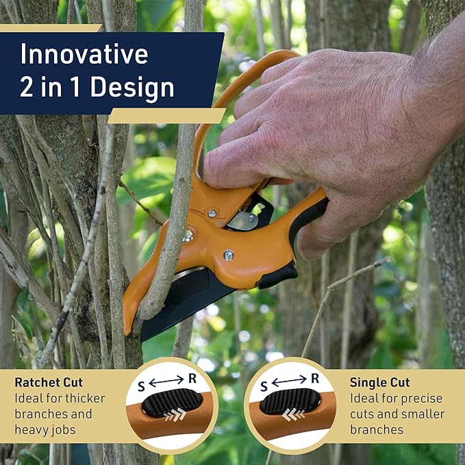 Ratchet Anvil Pruning Shears for Gardening - 5” Heavy Duty Ratcheting Garden Shears Clippers with Carbon Steel Blade for Weak Hands or Arthritis, Hand Pruners for Gardening Tools by Kings County Tools