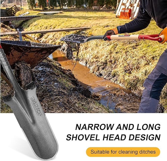 Drain Spade Digging Shovel with Wooden Handle for Trenching,Transplanting,Garden,44 inches