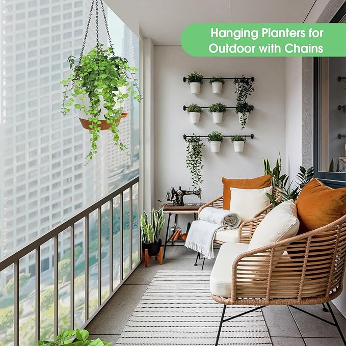 Hanging Planters for Indoor Outdoor Plants, 2 Pack Self Watering Hanging Pots, Hanging Plant Baskets with Drainage Holes & 2 Types of Plant Hangers (Green, 6'')