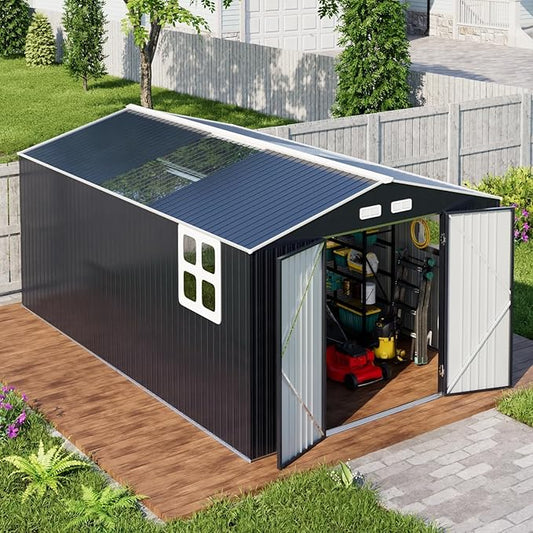 Metal Shed 10x16 FT Big with Heavy-Duty Reinforced Steel Frame and Customizable Skylight, Lockable Doors, 4-Pane Windows,Large Outdoor Storage for Garden, Tools, and Utility