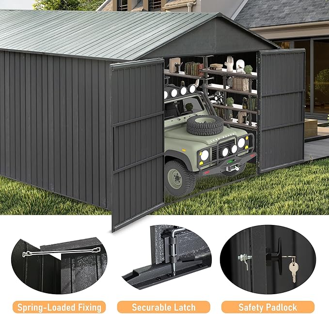 12x25FT Metal Storage Shed, a Metal Garage Shed or Heavy Duty Carport, Lockable Double Hinged Doors, Extra Large Car Shelter for Car Truck Motorcycle Lawn Equipment, Wind Resistant
