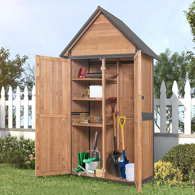 Sheds Outdoor Storage, Wooden Garden Shed with All Around Strong Metal Frame, Large Tool Shed with Floor and Adjustable Shelves, for Backyard Garden Patio Lawn(Brown)