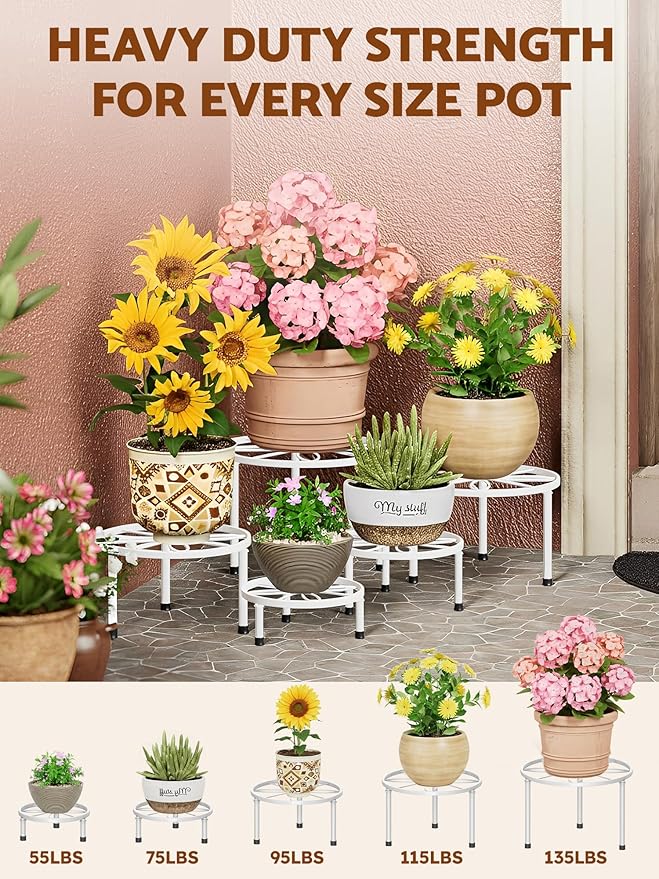 5-Pack Metal Plant Stand Potted Plant Stands,Heavy Duty Flower Pots Stand Holder,Anti-Rust Iron Plant Pot Shelf,Decoration Flower Racks for Home Indoor and Outdoor(WhiteLeaf)