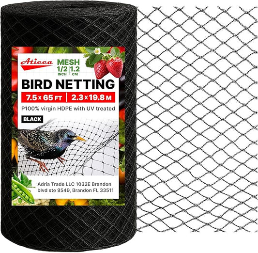 Heavy Duty Bird Netting for Garden Protection & Fruit Trees, 7.5x65 Ft with 10 Stakes – Black Anti-Bird Net for Poultry, Deer, & Squirrel Protection, Durable Nylon Mesh for Garden and Yard Use