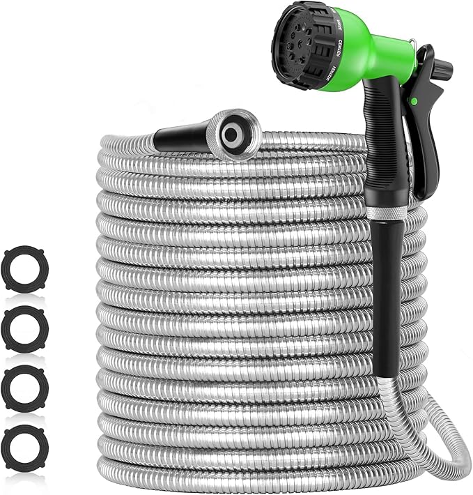 SPECILITE 150ft 304 Stainless Steel Garden Hose Metal, Heavy Duty Water Pipe with Nozzles for Yard, Outdoor - Flexible, Never Kink & Tangle, Puncture Resistant (Sliver)
