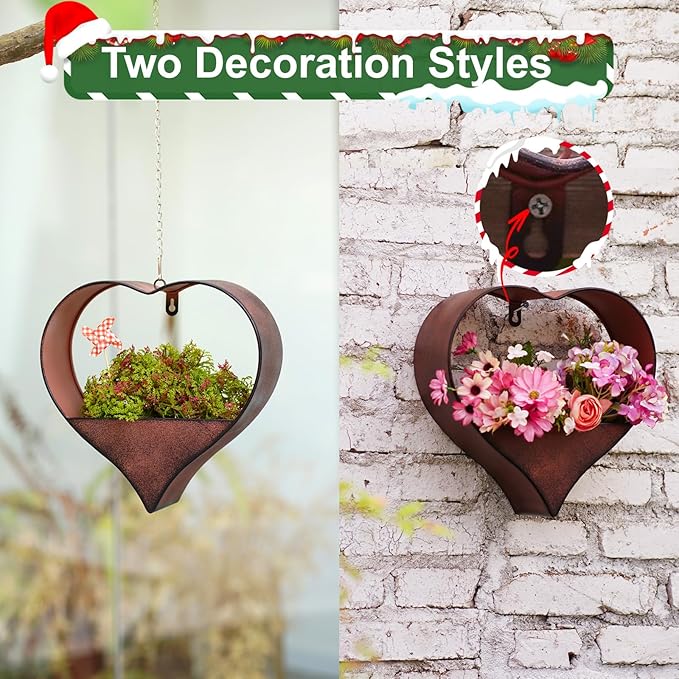Metal Plant Hangers Indoor and Outdoor: Christmas Birthday Gifts for Women Mom Wife Garden Lovers - Heart Shape Hanging Planters Perfect for Window Wall Living Room Office Decor(Rustic)