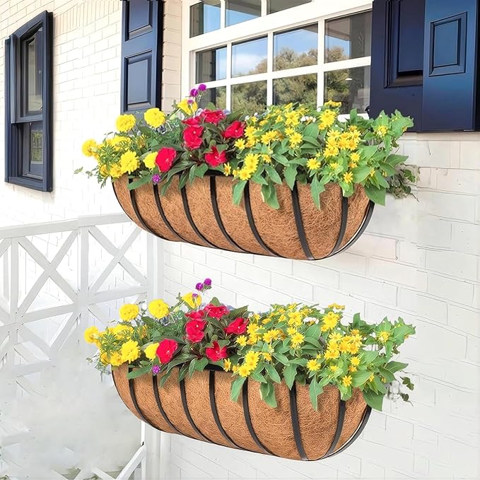 2 Pack 24" Railing Planter Window Box with Coco Fiber Liner Horse Trough Planter The Railing Planters Boxes for Deck Porch Fence Outdoor