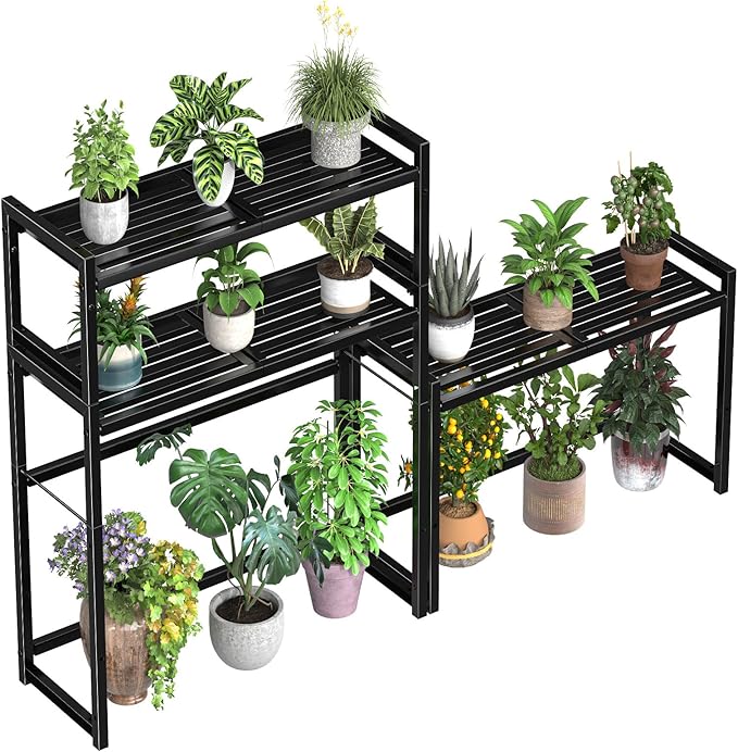 3 Tier Metal Plant Stand Outdoor Indoor, Heavy Duty Stackable Plant Shelf, Tall Waterproof Flower Pot Holder Rack for Garden, Patio, Balcony, Porch, Display Rack, Black