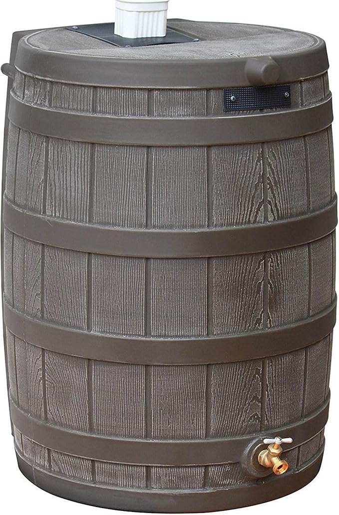 Good Ideas 50 Gallon Large Faux Wood Plastic Rain Water Barrel Collector with Brass Spigot for Rainwater Collection and Storage, Oak, 2 Pack