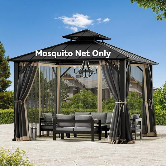 Gazebo Mosquito Netting Replacement Universal 4-Panel Sidewalls 10' x 10', Outdoor Gazebo Mosquito Nettings with Double Zipper, Replacement for Patio Canopy, Garden (Mosquito Net Only)