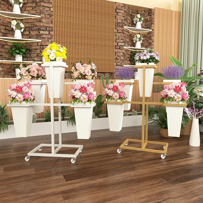 Flower bar Stand with Buckets, Moving Flower display stand with Wheels, Metal Flower cart for Bridal Shower, Wedding, Party, Garden, Gold