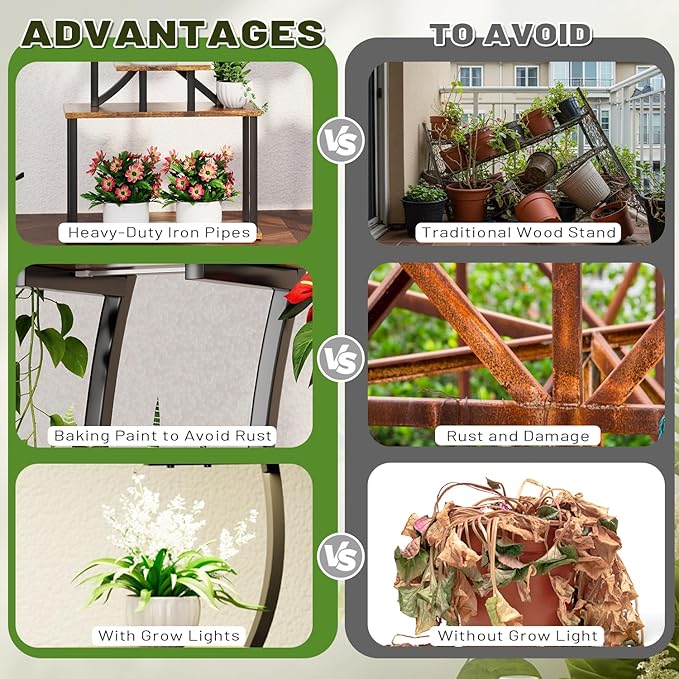 Plant Stand Indoor with Grow Lights, 2 Pack Tiered Indoor Plant Shelf, 65" Tall Plant Rack Flower Display Shelves, S-Shaped Metal Plant Flower Holder with Adjustable Brightness & Timer for Home, Patio